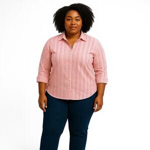 Eddie Bauer Pink Stripe Long Sleeve Button Up Shirt Women's Sz Large